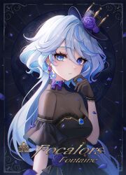 Rule 34 | 1girl, absurdres, black dress, black gloves, blue eyes, blue hair, blue petals, breasts, character name, cleavage, closed mouth, collarbone, colored inner hair, dress, earrings, falling petals, furina (genshin impact), genshin impact, gloves, hair between eyes, hat, heterochromia, highres, jewelry, light blue hair, light blush, light particles, long hair, looking at viewer, medium breasts, multicolored hair, petals, poise, short sleeves, sidelocks, solo, streaked hair, top hat, two-tone hair, upper body