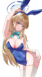 Rule 34 | 1girl, absurdres, animal ears, bare shoulders, blonde hair, blue archive, blue eyes, blue leotard, blush, breasts, cleavage, ederh, highleg, highleg leotard, highres, large breasts, leotard, long hair, looking at viewer, parted lips, playboy bunny, rabbit ears, simple background, solo, thighhighs, toki (blue archive), white background, white thighhighs, wrist cuffs