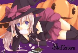 Rule 34 | 1girl, ayase hazuki, candy, chocolate, halloween, hat, jack-o&#039;-lantern, original, pumpkin, solo, thighhighs, witch hat