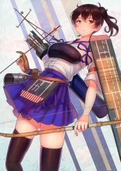 Rule 34 | 10s, 1girl, arrow (projectile), black thighhighs, blue skirt, bow (weapon), breasts, brown eyes, brown hair, cowboy shot, flight deck, hair between eyes, hakama, hakama short skirt, hakama skirt, holding, holding weapon, japanese clothes, kaga (kancolle), kantai collection, looking to the side, medium breasts, miniskirt, muneate, pleated skirt, quiver, side ponytail, skirt, solo, tasuki, thighhighs, urokoda, weapon