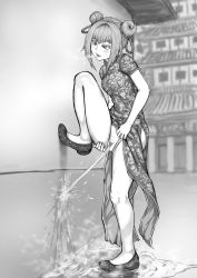 Rule 34 | 1girl, absurdres, blush, breasts, breath, china dress, chinese clothes, clothing aside, dodomesu, double bun, dress, female focus, female pubic hair, floral print, full body, greyscale, hair bun, highres, leg up, looking down, monochrome, open mouth, original, outdoors, panties, panties aside, peeing, peeing on wall, pelvic curtain, pubic hair, pussy, shoes, short hair, short sleeves, side slit, small breasts, solo, spread legs, standing, standing on one leg, steam, sweat, teeth, uncensored, underwear