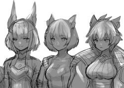 Rule 34 | absurdres, animal ears, blunt bangs, breasts, camisole, cat ears, cat girl, chest jewel, clothing cutout, core crystal (xenoblade), crystal, diamond cutout, facial mark, gloves, grey hair, highres, jacket, karian909, large breasts, looking at viewer, medium breasts, messy hair, mio (xenoblade), multiple girls, na&#039;el (xenoblade), nia (xenoblade), romper, short hair, shorts, simple background, small breasts, smile, tank top, white camisole, white jacket, white tank top, xenoblade chronicles (series), xenoblade chronicles 3, xenoblade chronicles 3: future redeemed, yellow eyes