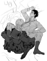Rule 34 | 2boys, adachi tooru, after anal, arm up, bottomless, braid, clothed sex, collared shirt, commentary request, crossdressing, cum, cum on body, cum on male, cum on stomach, exhausted, from above, fucked silly, full body, greyscale, holding another&#039;s leg, ido (nothing679), indoors, long hair, long sleeves, looking to the side, loose necktie, lying, male focus, monochrome, multiple boys, narukami yuu, necktie, no shoes, on back, partially unbuttoned, persona, persona 4, pleated skirt, sailor collar, saliva, school uniform, serafuku, shirt, short hair, sitting, skirt, socks, sweat, tears, twin braids, wariza, yaoi