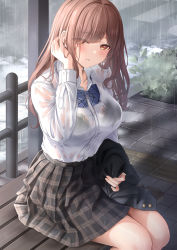 Rule 34 | 1girl, bench, black bra, blush, bra, breasts, brown eyes, brown hair, highres, lace, lace-trimmed bra, lace trim, large breasts, long hair, long sleeves, looking at viewer, monaka curl, on bench, original, outdoors, rain, see-through, see-through shirt, sitting, skirt, solo, thighs, underwear, wet, wet clothes