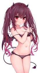 Rule 34 | 1girl, absurdres, blush, bra, breasts, cleavage, closed mouth, collarbone, commentary, cowboy shot, demon girl, demon horns, demon tail, demon wings, hair ribbon, hands in hair, highres, horns, kohe billialot, long hair, looking at viewer, multicolored hair, navel, original, own hands together, panties, pink ribbon, pubic tattoo, red bra, red eyes, red hair, red panties, ribbon, simple background, small breasts, solo, standing, stomach, streaked hair, symbol-only commentary, tail, tattoo, twintails, underwear, underwear only, very long hair, white background, wings