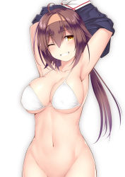 Rule 34 | 1girl, ahoge, armpits, arms up, bikini, breasts, brown eyes, brown hair, cleavage, covered erect nipples, grin, headband, highres, kantai collection, kuromayu, large breasts, long hair, no panties, shiratsuyu (kancolle), shiratsuyu kai ni (kancolle), smile, solo, swimsuit, undressing