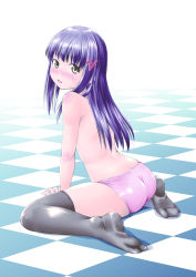 Rule 34 | 1girl, ass, blush, brown eyes, emperor zuou, feet, female focus, hair ornament, hairclip, highres, looking at viewer, no shoes, original, panties, panties only, pink panties, purple hair, sitting, soles, solo, thighhighs, topless, underwear, underwear only, wariza