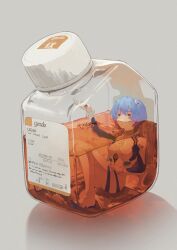 Rule 34 | 1girl, ayanami rei, blue hair, bottle, breasts, character name, commentary, donutfrog, english commentary, expressionless, hand on own leg, hand up, in bottle, in container, interface headset, knees together feet apart, knees up, label, lcl, leaning back, lounging, mini person, minigirl, mouth under water, neon genesis evangelion, partially submerged, pilot suit, plugsuit, red eyes, reflection, short hair, simple background, sitting, small breasts, solo, white background