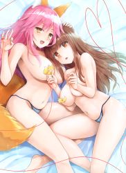 Rule 34 | 10s, 2girls, animal ear fluff, animal ears, bare legs, bed sheet, blue panties, blush, breasts, brown eyes, brown hair, censored, censored nipples, fate/extra, fate (series), fox, fox ears, fox tail, hand on another&#039;s head, kishinami hakuno (female), kurikara, large breasts, long hair, looking at viewer, lying, multiple girls, navel, open mouth, panties, pink hair, string, string of fate, tail, tamamo (fate), tamamo no mae (fate/extra), topless, underwear, yellow eyes
