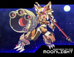 Rule 34 | 1girl, android, arm cannon, character name, claws, commentary request, commission, copyright name, crossover, fang, full body, haiteku reibou, highres, holding, holding staff, letterboxed, looking at viewer, mecha musume, mechanical arms, mechanical ears, mechanical legs, mechanization, moon, moonlight flower, night, open mouth, pointing weapon, ragnarok online, red eyes, mega man (series), science fiction, second-party source, skeb commission, skin fang, solo, staff, weapon