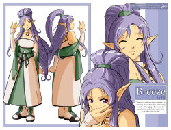 Rule 34 | 00s, 1girl, 2007, ^ ^, belt, character sheet, choker, closed eyes, collar, covering own mouth, daniel fielding, detached sleeves, dress, elf, english text, high ponytail, long hair, original, pointy ears, ponytail, purple eyes, purple hair, sash, signature, smile, watermark, web address