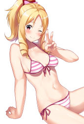 Rule 34 | 10s, 1girl, ;), arm support, bad id, bad pixiv id, bare arms, bare shoulders, bikini, blonde hair, blush, bow, breasts, closed mouth, cocona (coconacafe), collarbone, commentary request, drill hair, eromanga sensei, front-tie bikini top, front-tie top, hair bow, highres, invisible chair, leaning back, long hair, looking at viewer, navel, one eye closed, parted bangs, pink bow, ponytail, red eyes, red ribbon, ribbon, side-tie bikini bottom, sidelocks, sitting, small breasts, smile, solo, stomach, striped bikini, striped clothes, swimsuit, thighs, twin drills, v, yamada elf