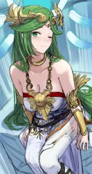Rule 34 | 1girl, ancient greek clothes, armlet, bare shoulders, breasts, chiton, circlet, cleavage, collarbone, dress, forehead jewel, green eyes, green hair, highres, ippers, jewelry, kid icarus, kid icarus uprising, large breasts, laurel crown, long hair, neck ring, nintendo, one eye closed, palutena, parted bangs, pendant, single thighhigh, sitting, sketch, solo, strapless, strapless dress, thighhighs, vambraces, very long hair, white dress, white thighhighs