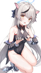 Rule 34 | 1girl, animal ears, black dress, black hair, black jacket, blue archive, blush, breast hold, breasts, brown eyes, covered navel, dress, grabbing, grabbing own breast, grey hair, groin, halo, highres, jacket, kokona (blue archive), long hair, looking at viewer, multicolored hair, off shoulder, open mouth, shoes, sidelocks, simple background, small breasts, sneakers, solo, squatting, streaked hair, striped clothes, striped dress, sweat, thighs, vertical stripes, very long hair, white background, zeroillya