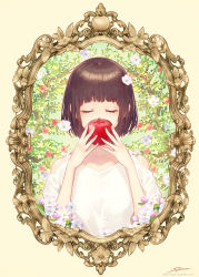Rule 34 | 1girl, apple, artist name, bare shoulders, blunt bangs, blush, branch, brown hair, closed eyes, clothing cutout, collarbone, commentary request, facing viewer, flower, food, fruit, hair flower, hair ornament, highres, holding, holding food, holding fruit, long sleeves, original, picture frame, ribbon, shirt, short hair, shoulder cutout, simple background, solo, tree, upper body, watermark, web address, white flower, white ribbon, white shirt, yellow background, yuranpo