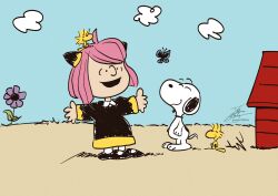 Rule 34 | 1girl, animal, anya (spy x family), beagle, bird, black dress, blue sky, bug, butterfly, charles schulz (style), cloud, crossover, day, dog, doghouse, dress, fadingz, flower, insect, outdoors, peanuts (comic), purple flower, signature, sky, snoopy, spy x family, woodstock