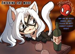 Rule 34 | 1boy, 1girl, :3, animal ears, ass, black cat (marvel), bodysuit, bottle, breasts, cat ears, cat girl, cat tail, chibi, cleavage, english text, felicia hardy, kinkymation, marvel, medium breasts, peter parker, smile, solo focus, spider-man, spider-man (series), tail, wine bottle