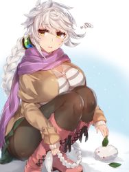 Rule 34 | 10s, 1girl, bad id, bad pixiv id, black pantyhose, blush, braid, breasts, capelet, fringe trim, green scarf, grey hair, kantai collection, large breasts, legs together, light smile, long hair, looking at viewer, nervous smile, outdoors, pantyhose, parted lips, pokoten (pokoten718), purple scarf, scarf, shirt, single braid, sleeves past wrists, smile, snow, snow rabbit, solo, squatting, squiggle, striped clothes, striped shirt, sweatdrop, sweater, swept bangs, thighband pantyhose, unryuu (kancolle), very long hair, yellow eyes