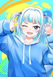 Rule 34 | 1girl, absurdres, arms up, blue eyes, blue hair, blue hoodie, blue nails, blunt bangs, blush, catch (catch9030), claw pose, commentary, gawr gura, gawr gura (1st costume), hair ornament, highres, hololive, hololive english, hood, hoodie, long sleeves, looking at viewer, medium hair, multicolored hair, nail polish, nose blush, one eye closed, open mouth, shadow, shark hair ornament, sharp teeth, solo, star (symbol), teeth, two side up, upper teeth only, virtual youtuber