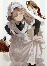 Rule 34 | 1girl, annoyed, apron, blue eyes, brown hair, cat, closed mouth, cowboy shot, cup, hair between eyes, hand on own hip, highres, long hair, looking to the side, maid, maid apron, moaomao mo, original, shadow, simple background, solo, standing, tea, teacup, v-shaped eyebrows