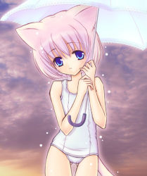 Rule 34 | 1girl, animal ears, bad id, bad pixiv id, blue eyes, cat ears, cat tail, flat chest, one-piece swimsuit, original, pink hair, rin-45c, school swimsuit, short hair, solo, swimsuit, tail, thighhighs, umbrella, white school swimsuit, white one-piece swimsuit