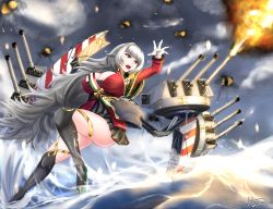 Rule 34 | 1girl, absurdres, aiguillette, ass, azur lane, breasts, cleavage, epaulettes, explosion, fighting stance, fire, firing, fire, gloves, grey eyes, grey hair, highres, huge filesize, large breasts, long hair, medal, musanix, open mouth, rigging, signature, simple background, skirt, standing, standing on liquid, standing on one leg, storm, thighhighs, thighs, vittorio veneto (azur lane), water, white gloves