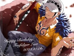 Rule 34 | 1boy, arm tattoo, black hair, chest tattoo, coat, coat on shoulders, denim, facial hair, from above, fur-trimmed coat, fur trim, grin, hamu ha umai, hand tattoo, hand up, happy birthday, hat, hat over one eye, highres, jeans, long sideburns, male focus, one eye covered, one piece, pants, partially unbuttoned, sheath, sheathed, shirt, sideburns, sitting, sleeves rolled up, smile, solo, tattoo, trafalgar law, yellow eyes, yellow shirt