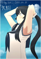 Rule 34 | 10s, 1girl, 2016, absurdres, adjusting hair, alternate costume, armpit peek, armpits, arms up, bare arms, black hair, blue sky, breasts, brown eyes, character name, closed mouth, cloud, dated, day, expressionless, eyebrows, from side, gloves, highres, kantai collection, key kun, long hair, looking to the side, medium breasts, neckerchief, outdoors, ponytail, profile, school uniform, serafuku, short sleeves, sidelocks, sky, solo, twitter username, upper body, white gloves, yahagi (kancolle)