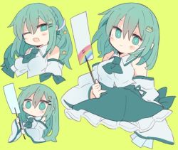 Rule 34 | 1girl, 76gpo, alternate hairstyle, breasts, detached sleeves, frog, frog hair ornament, gohei, green eyes, green hair, hair ornament, hair tubes, kochiya sanae, large breasts, one eye closed, open mouth, ponytail, skirt, smile, snake, snake hair ornament, solo, star (symbol), touhou
