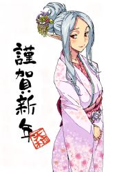 Rule 34 | 1girl, amami amayu, bad id, bad pixiv id, elf, japanese clothes, kimono, monster collection, new year, pointy ears, red eyes, silver hair, simple background, solo, white background
