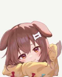 Rule 34 | 1girl, animal ears, blue bow, blush, bone hair ornament, bow, brown eyes, brown hair, closed mouth, dog ears, dog girl, dog tail, hair ornament, highres, hololive, inugami korone, inugami korone (1st costume), long sleeves, looking at viewer, red bow, ruka tou, simple background, smile, solo, tail, virtual youtuber, white background