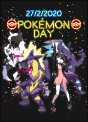 Rule 34 | 1boy, 1girl, 2020, absurdres, ankle boots, arm up, asymmetrical bangs, belt, black choker, black footwear, black hair, black jacket, boots, brother and sister, choker, commentary request, confetti, creatures (company), cropped jacket, dress, game freak, gen 8 pokemon, green eyes, gym leader, hair ribbon, highres, holding, holding microphone, jacket, kagio (muinyakurumi), long hair, marnie (pokemon), microphone, multicolored hair, music, neon lights, nintendo, open clothes, open jacket, open mouth, piers (pokemon), pigeon-toed, pink dress, poke ball symbol, pokemon, pokemon (creature), pokemon swsh, red ribbon, ribbon, siblings, singing, standing, toxtricity, toxtricity (amped), toxtricity (low key), two-tone hair, white hair, white jacket