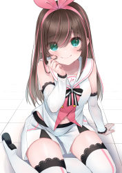 Rule 34 | 1girl, arm support, bare shoulders, boots, brown hair, closed mouth, commentary request, detached sleeves, eyes visible through hair, green eyes, hair over one eye, hairband, hashiko nowoto, highres, kizuna ai, kizuna ai inc., kneeling, lace-trimmed sleeves, lace trim, long hair, long sleeves, multicolored hair, navel, pink hair, pink hairband, sailor collar, shirt, shoe soles, short shorts, shorts, sitting, sleeveless, sleeveless shirt, sleeves past wrists, smile, solo, streaked hair, thigh boots, thighhighs, very long hair, virtual youtuber, wariza, white background, white footwear, white sailor collar, white shirt, white shorts, white sleeves, white thighhighs, yokozuwari