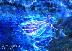 Rule 34 | 1girl, arms at sides, bioluminescence, blue theme, cat, commentary request, dress, from side, galaxy, glowing, long sleeves, ocean, original, scenery, silhouette, sky, solo, standing, star (sky), starry sky, twitter username, veil, wakusei habuti, wide shot