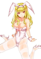 Rule 34 | 1girl, animal ears, arm support, bare shoulders, blonde hair, blush, bow, breasts, cameltoe, collarbone, covered navel, fake animal ears, hairband, high heels, large breasts, leotard, lips, looking at viewer, original, pantyhose, playboy bunny, rabbit ears, red eyes, saburou (hgmg), sitting, solo, thighband pantyhose, wariza, white background, white pantyhose, wrist cuffs