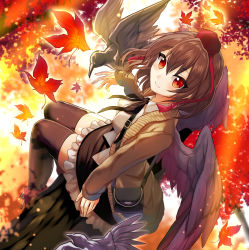 Rule 34 | 1girl, autumn leaves, bag, bird, black hair, black ribbon, black skirt, black wings, blush, boots, breasts, brown jacket, commentary request, crow, feathered wings, from above, fuepo, hair between eyes, hat, highres, jacket, leaf, leaf background, long sleeves, looking at viewer, medium breasts, miniskirt, neck ribbon, open clothes, open jacket, petticoat, red eyes, red footwear, ribbon, satchel, shameimaru aya, shirt, short hair, sitting, skirt, sleeves past wrists, smile, solo, sweater jacket, tassel, thighhighs, thighs, tokin hat, touhou, white shirt, wings, zettai ryouiki