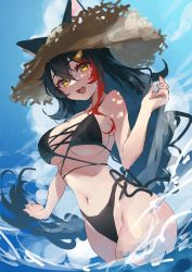 Rule 34 | 1girl, animal ear fluff, animal ears, bikini, black bikini, black hair, blush, breasts, cross-laced bikini, cross-laced clothes, hair between eyes, hair ornament, highres, hololive, long hair, looking at viewer, misekiss, multicolored hair, ookami mio, open mouth, red hair, smile, solo, streaked hair, swimsuit, tail, virtual youtuber, wolf ears, wolf girl, wolf tail, yellow eyes