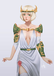 Rule 34 | 1girl, armlet, artist name, belt, blonde hair, breasts, carlo montie, cleavage, closed mouth, collarbone, concept art, cowboy shot, crown, dress, expressionless, flower, gold, gradient background, green eyes, highres, jewelry, lips, looking at viewer, no bra, nose, off-shoulder dress, off shoulder, original, short hair, side slit, signature, simple background, solo, standing, thighhighs, toga, upper body, white background, white thighhighs, zettai ryouiki
