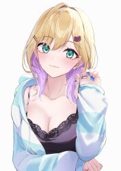 Rule 34 | 1girl, 717minami, absurdres, bear hair ornament, black camisole, blonde hair, blue jacket, blue nails, breasts, camisole, cleavage, colored inner hair, ear piercing, earrings, green eyes, hair ornament, hairclip, head tilt, highres, jacket, jewelry, kurumi noah, large breasts, light smile, long sleeves, looking at viewer, medium hair, multicolored hair, official alternate costume, piercing, purple hair, simple background, solo, strap lift, striped clothes, striped jacket, upper body, virtual youtuber, vspo!, white background