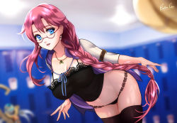 Rule 34 | 1girl, artist name, bent over, black panties, black thighhighs, blue eyes, blurry, blurry background, braid, braided ponytail, breasts, camisole, cleavage, covered navel, earrings, eiyuu densetsu, emma millstein, esther shen, falcom, glasses, indoors, jacket, jewelry, lace, large breasts, leaning forward, lips, locker, locker room, long hair, looking at viewer, low-tied long hair, midriff, necklace, no pants, open clothes, open jacket, panties, parted lips, purple hair, purple jacket, sen no kiseki, signature, single braid, smile, solo, spaghetti strap, thighhighs, thighs, underwear
