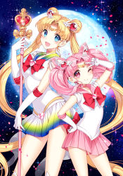Rule 34 | 2girls, ;), age difference, arm up, back bow, bare legs, bishoujo senshi sailor moon, blonde hair, blue eyes, blue sailor collar, blush, bow, bowtie, brooch, chibi usa, choker, closed mouth, commentary request, cone hair bun, crescent, double bun, earrings, elbow gloves, full moon, gloves, hair bun, hair ornament, hairclip, hand on own hip, hand up, happy, heart, heart brooch, heart choker, heart necklace, highres, holding, holding staff, jewelry, long hair, looking at viewer, magical girl, moon, mother and daughter, multicolored clothes, multicolored skirt, multiple girls, nardack, neck, necklace, night, night sky, one eye closed, open mouth, parted bangs, pink choker, pink eyes, pink hair, pink neckwear, pink sailor collar, sailor chibi moon, sailor collar, sailor moon, sailor senshi uniform, side-by-side, skirt, sky, smile, spiral heart moon rod, staff, standing, star (sky), starry sky, super sailor moon, tiara, tsukino usagi, twintails, v, very long hair, wand, white gloves, white legwear, wink, yellow choker, yellow neckwear