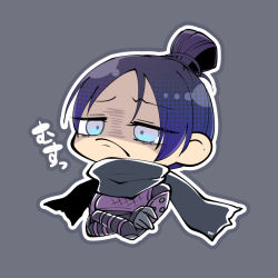 Rule 34 | 1girl, animification, apex legends, black gloves, black hair, black scarf, blue eyes, bungaw, chibi, crossed arms, frown, gloves, grey background, hair behind ear, hair bun, looking down, parted bangs, scarf, shaded face, single hair bun, solo, upper body, wraith (apex legends)