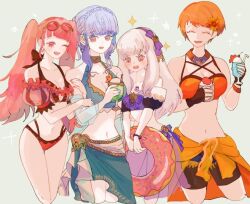 Rule 34 | 4girls, alternate costume, bikini, blue hair, breasts, cleavage, closed eyes, cup, drinking glass, drinking straw, female focus, fire emblem, fire emblem: three houses, hilda valentine goneril, holding, holding cup, large breasts, leonie pinelli, lysithea von ordelia, marianne von edmund, matching hair/eyes, medium breasts, midriff, multi-strapped bikini bottom, multiple girls, navel, nintendo, official alternate costume, one eye closed, orange hair, pink eyes, pink hair, small breasts, stomach, sunglasses, sunglasses on head, swimsuit, white hair, wink