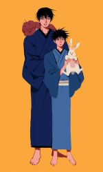 Rule 34 | 2boys, animal, barefoot, black hair, blue kimono, clenched teeth, closed mouth, crossed arms, eyelashes, father and son, feet, full body, fushiguro megumi, fushiguro touji, hair between eyes, hands in opposite sleeves, highres, holding, holding animal, japanese clothes, jujutsu kaisen, kimono, li chestnuts, long sleeves, male focus, monster, multiple boys, rabbit, scar, scar on face, scar on mouth, short hair, simple background, spiked hair, standing, teeth, wide sleeves, yellow background