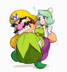Rule 34 | !, 1boy, 1girl, blue eyes, blush, carrying, dress, facial hair, gloves, gonzarez, green dress, green footwear, green hair, green hat, grin, hat, highres, mustache, nintendo, overalls, parted lips, princess carry, purple overalls, queen merelda, shirt, smile, thick eyebrows, wario, wario land, wario land: shake it!, white gloves, yellow hat, yellow shirt