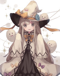 Rule 34 | 1girl, absurdres, bow, brown hair, candy, commentary request, dress, food, food on head, fujii shino, ghost, ghost pose, grey eyes, hat, hat bow, highres, long hair, looking at viewer, object on head, open mouth, original, purple bow, sleeves past wrists, smile, sparkle, upper body, white background, white dress, white headwear, white theme, witch hat, yellow bow
