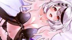 Rule 34 | 1girl, :d, arms up, aya02ka, babydoll, bed sheet, black hair, blush, breasts, cleavage, collarbone, earrings, from above, garter belt, hair ornament, hairclip, heart o-ring, highres, hololive, jewelry, large breasts, lingerie, looking at viewer, looking up, lying, multicolored hair, nail polish, navel, on back, on bed, open mouth, outstretched arms, petals, pov, red eyes, red nails, sakamata chloe, short hair, silver hair, smile, solo, stomach, strap slip, streaked hair, two-tone hair, underwear, underwear only, upper body, virtual youtuber, x hair ornament