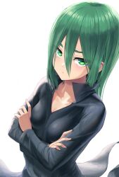 Rule 34 | black dress, breasts, closed mouth, collared dress, dress, eyelashes, green eyes, green hair, highres, long sleeves, one-punch man, psychic, sai (abyss05), short hair, small breasts, straight hair, tatsumaki, upper body, white background