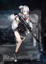 Rule 34 | 1girl, black footwear, black hair, black skirt, black vest, character name, colored tips, commentary, copyright name, cross-laced footwear, english commentary, fb msbs grot, full body, girls&#039; frontline, gun, headphones, holding, holding gun, holding weapon, jacket, load bearing vest, long sleeves, looking at viewer, modular weapon system, msbs (girls&#039; frontline), multicolored hair, object request, official art, open clothes, open jacket, open mouth, pleated skirt, pouch, promotional art, red eyes, red hair, red socks, second-party source, shoes, short hair, side ponytail, skirt, sneakers, socks, solo, standing, standing on one leg, streaked hair, thigh pouch, thigh strap, trigger discipline, vest, weapon, white bag, white hair, white jacket, x-red flower