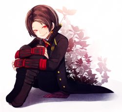 Rule 34 | 10s, 1boy, boots, brown hair, earrings, full body, highres, jewelry, kashuu kiyomitsu, katana, leaf, hugging own legs, male focus, mole, mole under mouth, personification, ponita, red eyes, scarf, sitting, smile, solo, sword, touken ranbu, weapon